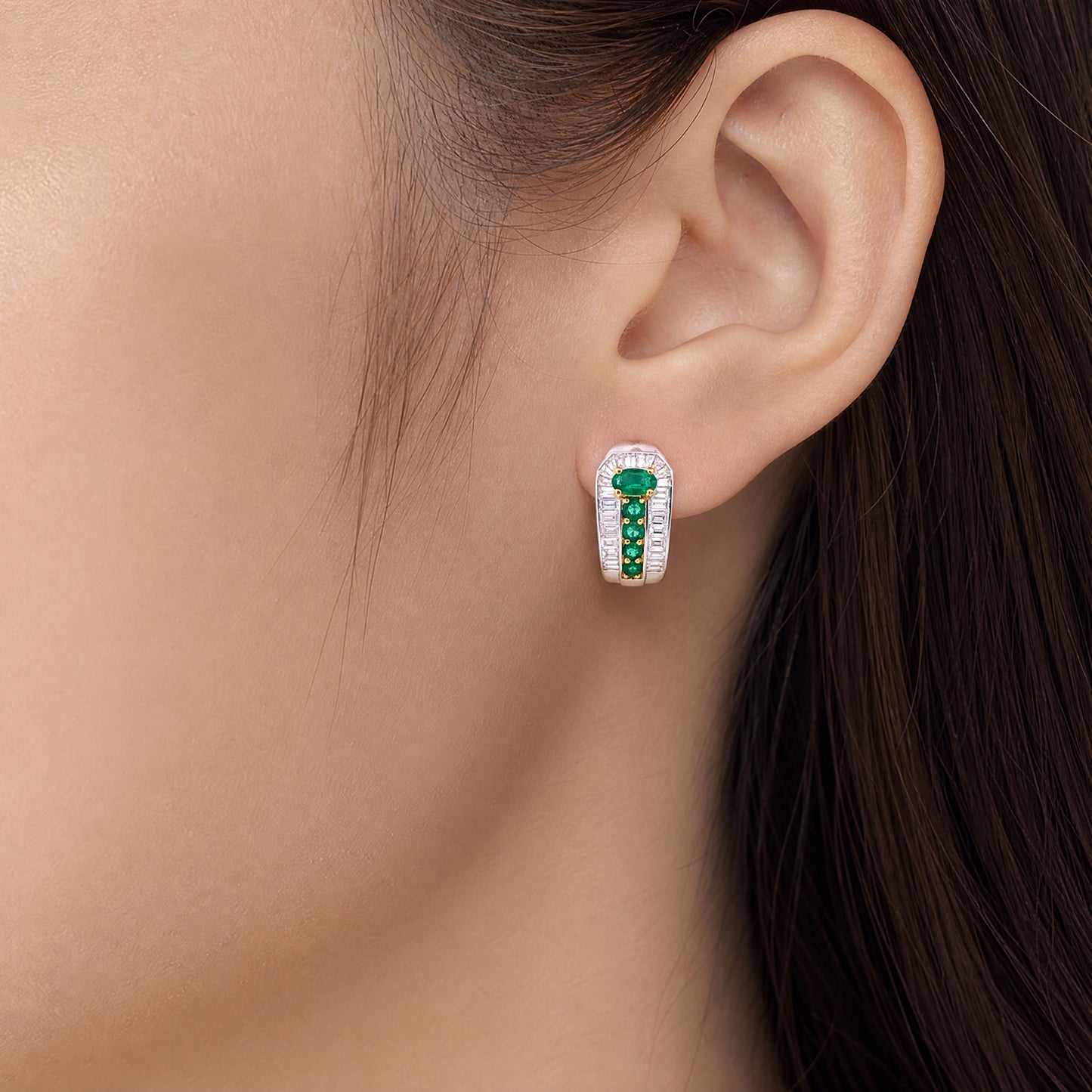 0.81 Carat Emerald and Tapered Baguette Diamond Half-Hoop Earrings