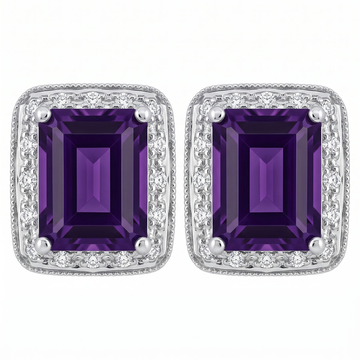 14k white gold emerald-cut amethyst and diamond halo milgrain post earrings, white background