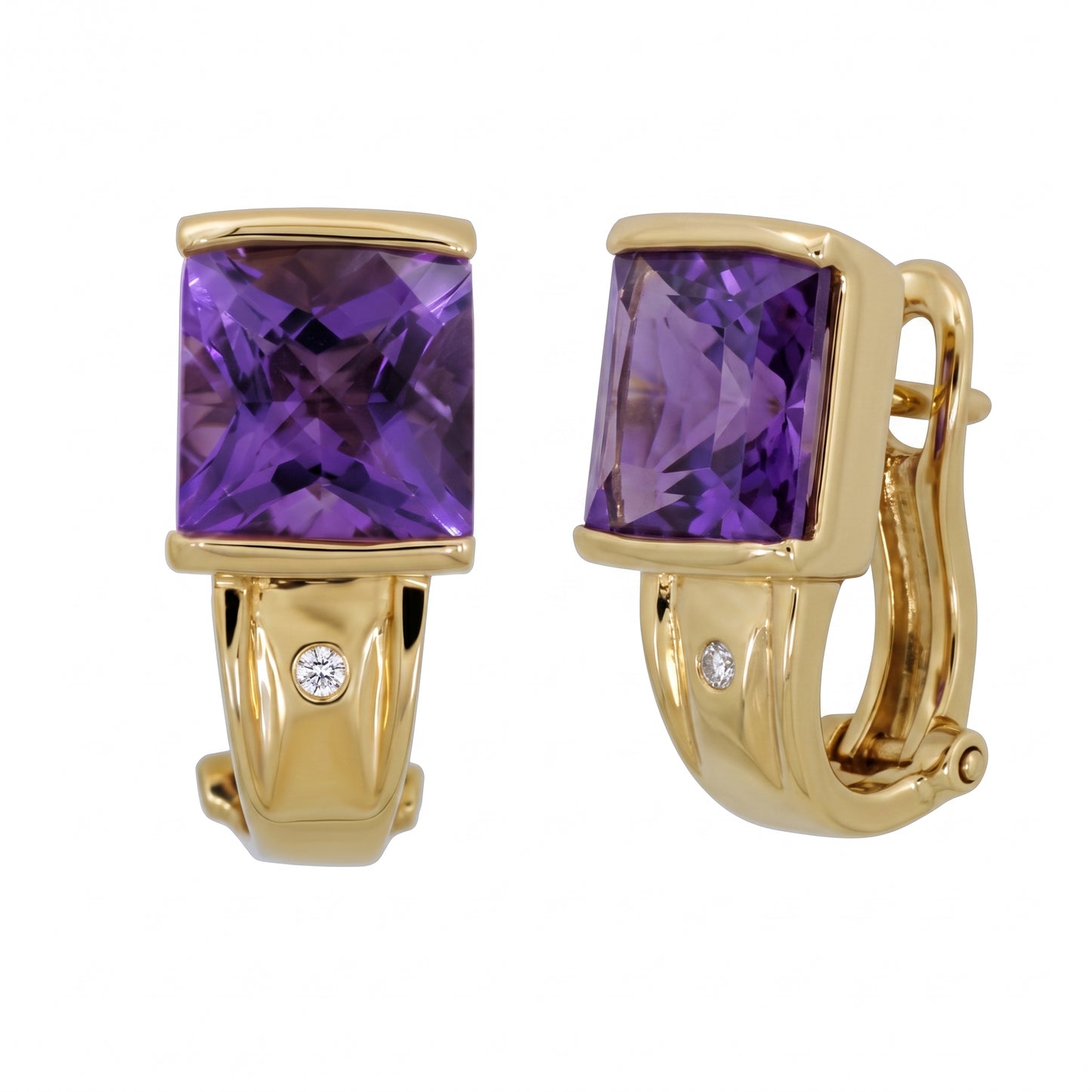 8mm Square Amethyst & Diamond Clip Earrings - 3D turn view