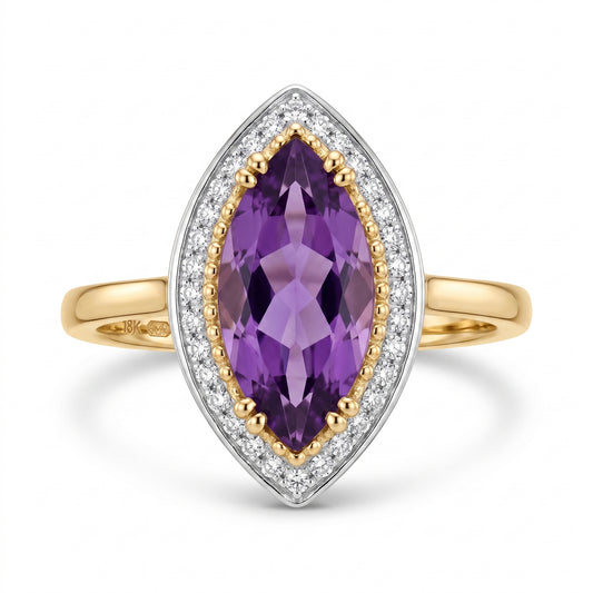 7-14mm Checkerboard-Cut Marquise Amethyst & 32-Diamond Ring