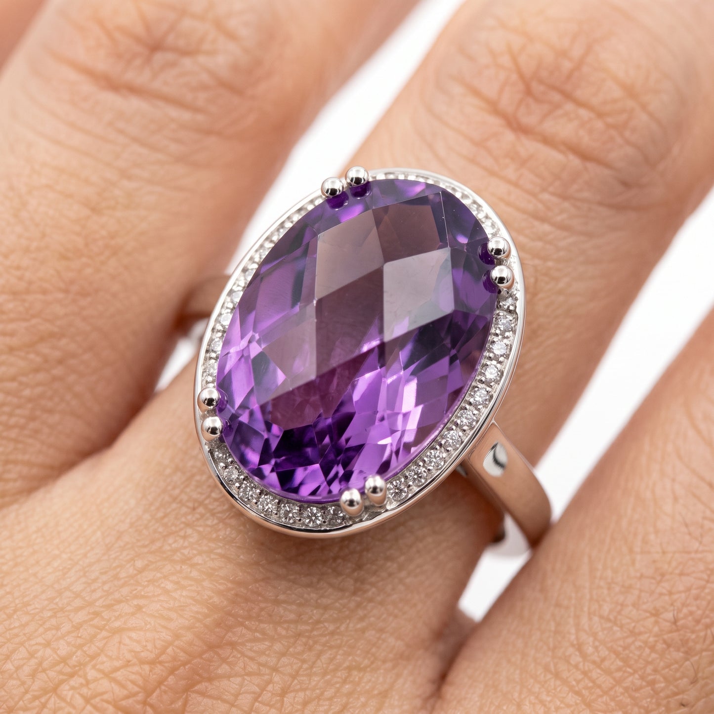 10x15mm Checkerboard-Cut Oval Amethyst & 26-Diamond Ring