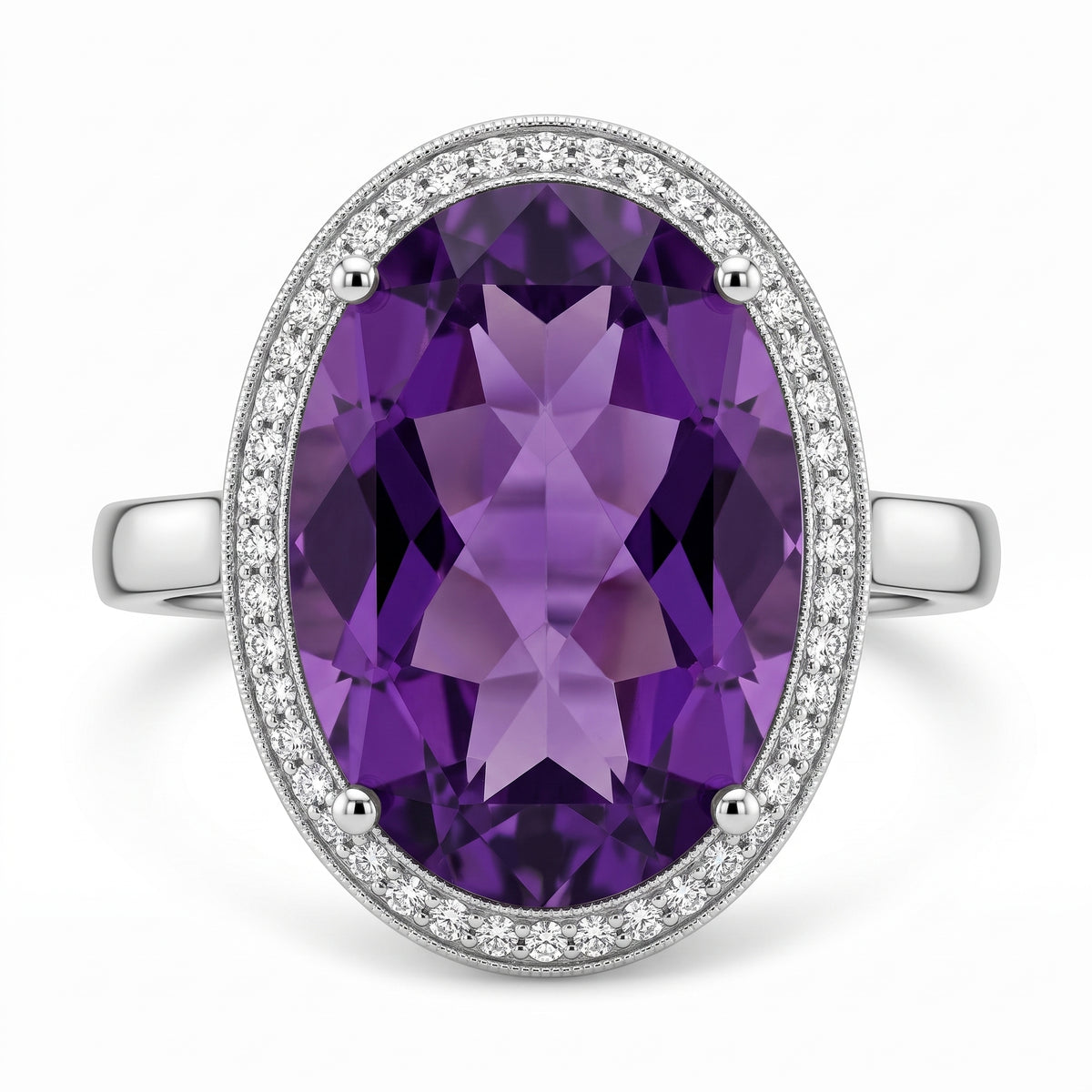 10x15mm Checkerboard-Cut Oval Amethyst & 26-Diamond Ring