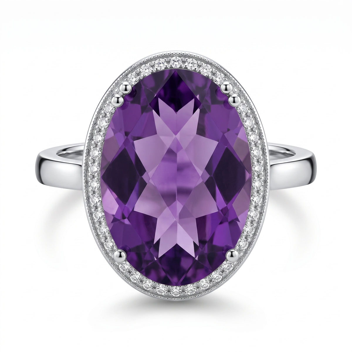 10x15mm Checkerboard-Cut Oval Amethyst & 26-Diamond Ring