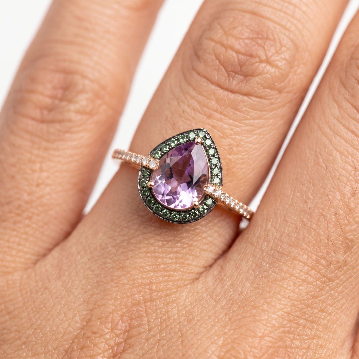 Pear Amethyst & 20 Round Diamonds, 22 Green Garnet Ring