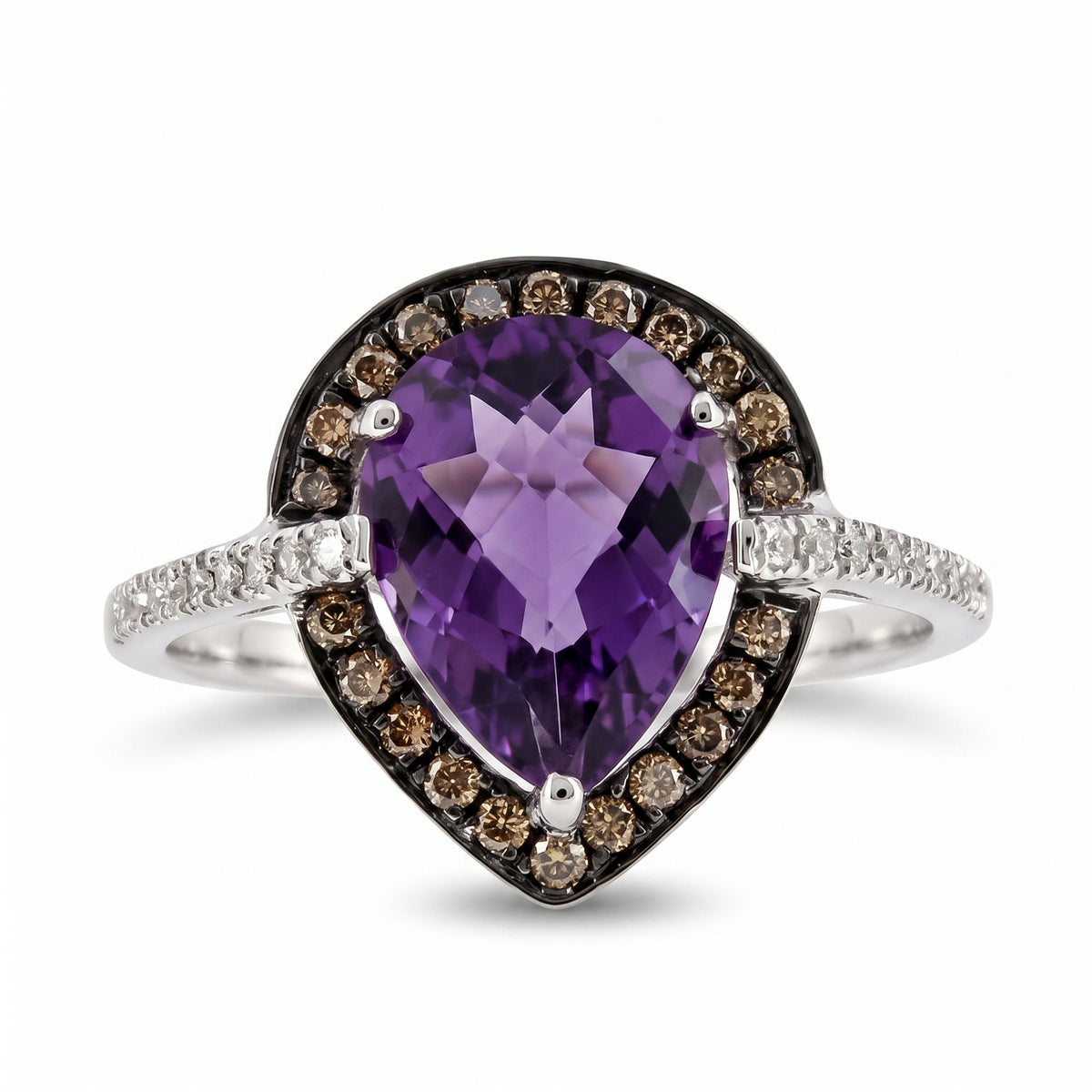 Pear Amethyst & 20 Round, 22 Brown Diamond Ring