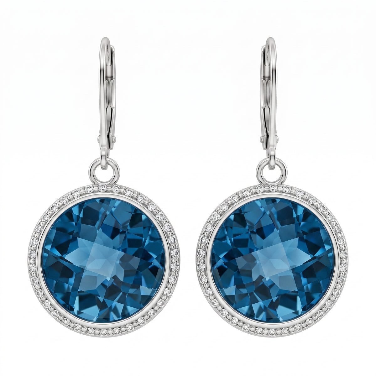 14k white gold checkerboard blue topaz and round diamond halo lever-back earrings, white background