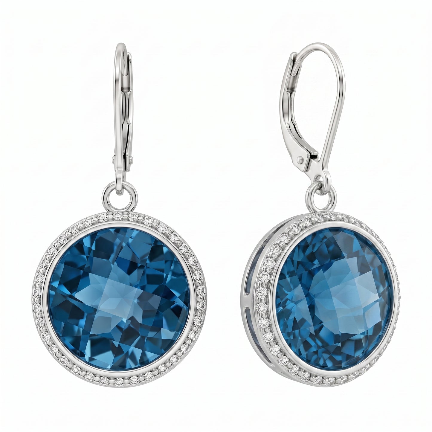 14k white gold checkerboard blue topaz and round diamond halo lever-back earrings, second view, white background