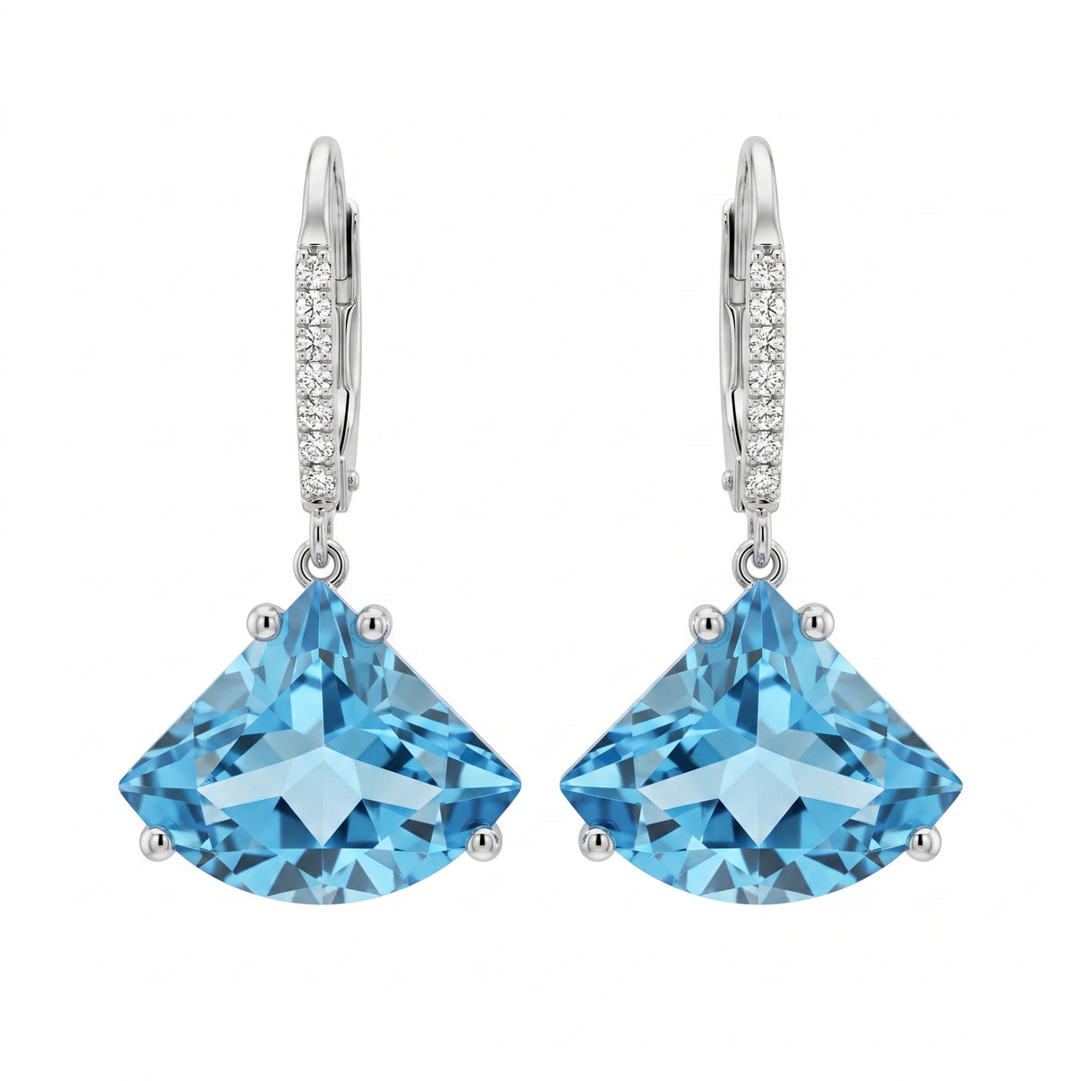 12x15mm Fan-Cut Blue Topaz & 22-Diamond Lever-Back Earrings in 14K white gold, pair view
