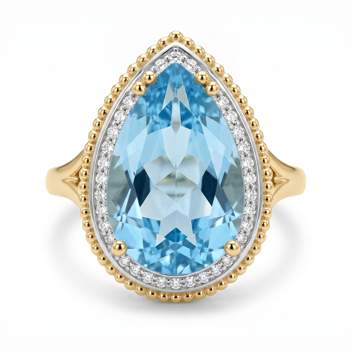 10x16mm Checkerboard-Cut Pear Sky Blue Topaz & 27-Diamond Rope Edge Ring