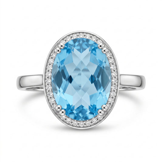 10x15mm Checkerboard-Cut Oval Sky Blue Topaz & 26-Diamond Ring