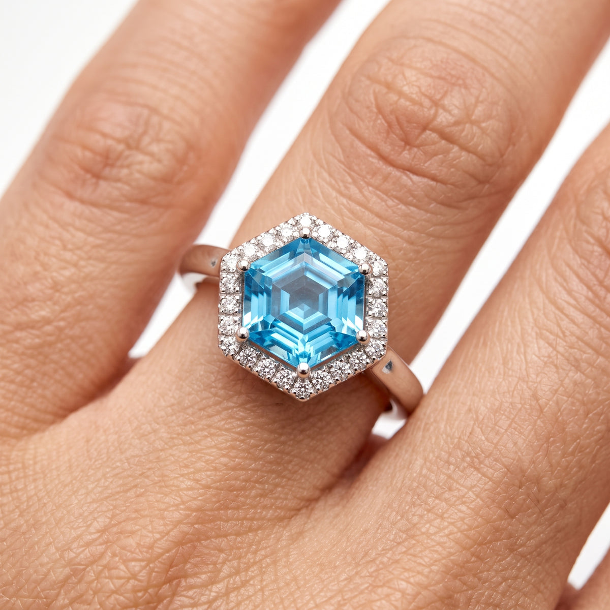 Hexagonal Blue Topaz & 24-Diamond Ring