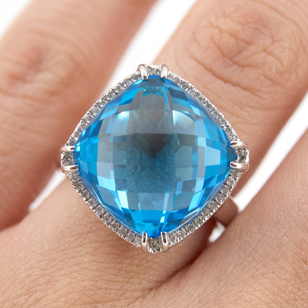 14mm Checkerboard-Cut Blue Topaz & 44-Diamond Ring