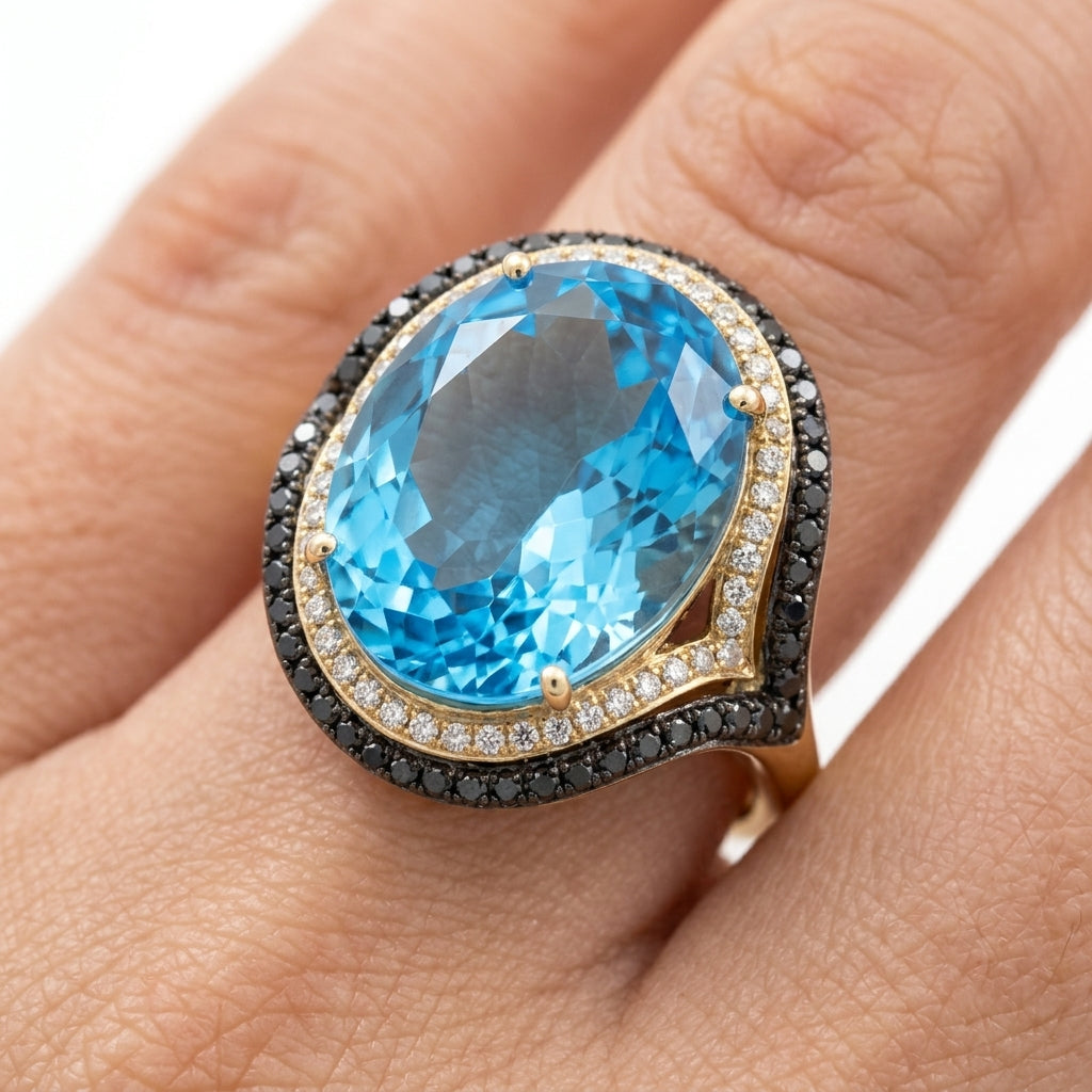 Blue Topaz, Black and White Diamond Cocktail Ring