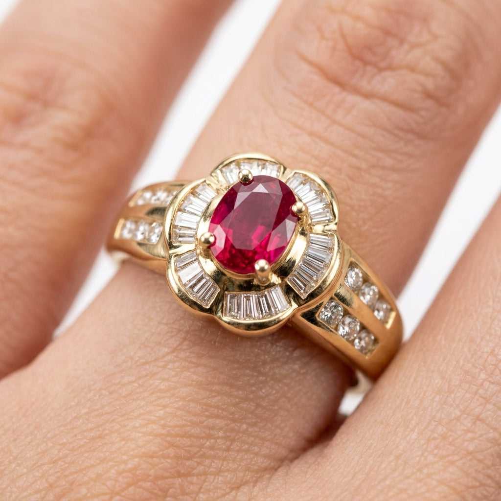Oval Ruby, Tapered & Round Diamond Ring