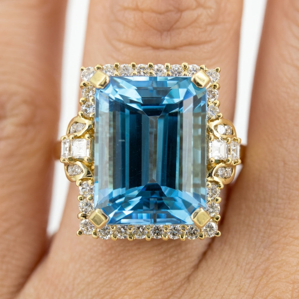 Large Emerald-Cut Blue Topaz and Diamond Ring