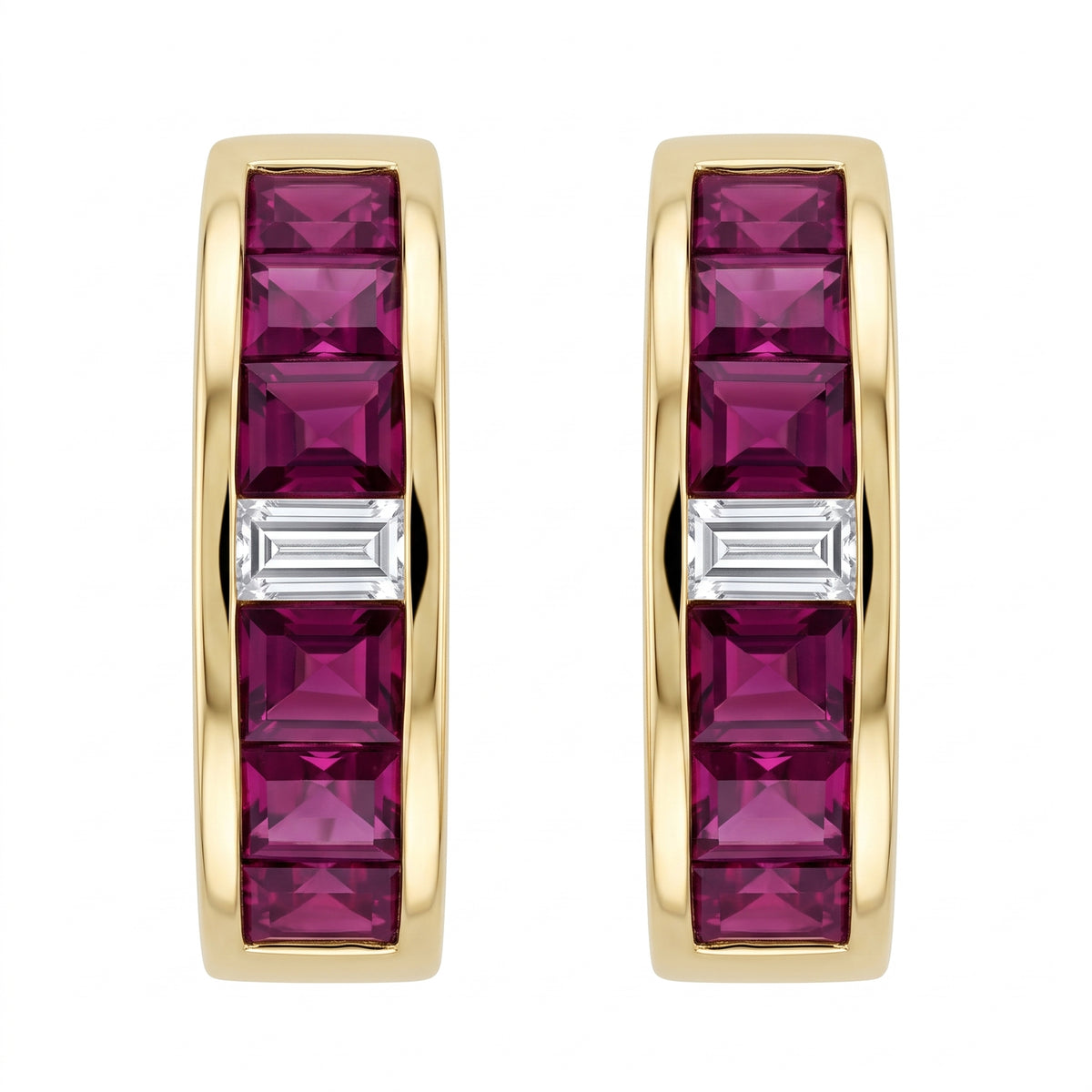 CAJ0041 14K yellow gold ruby and diamond channel-set huggie earrings
