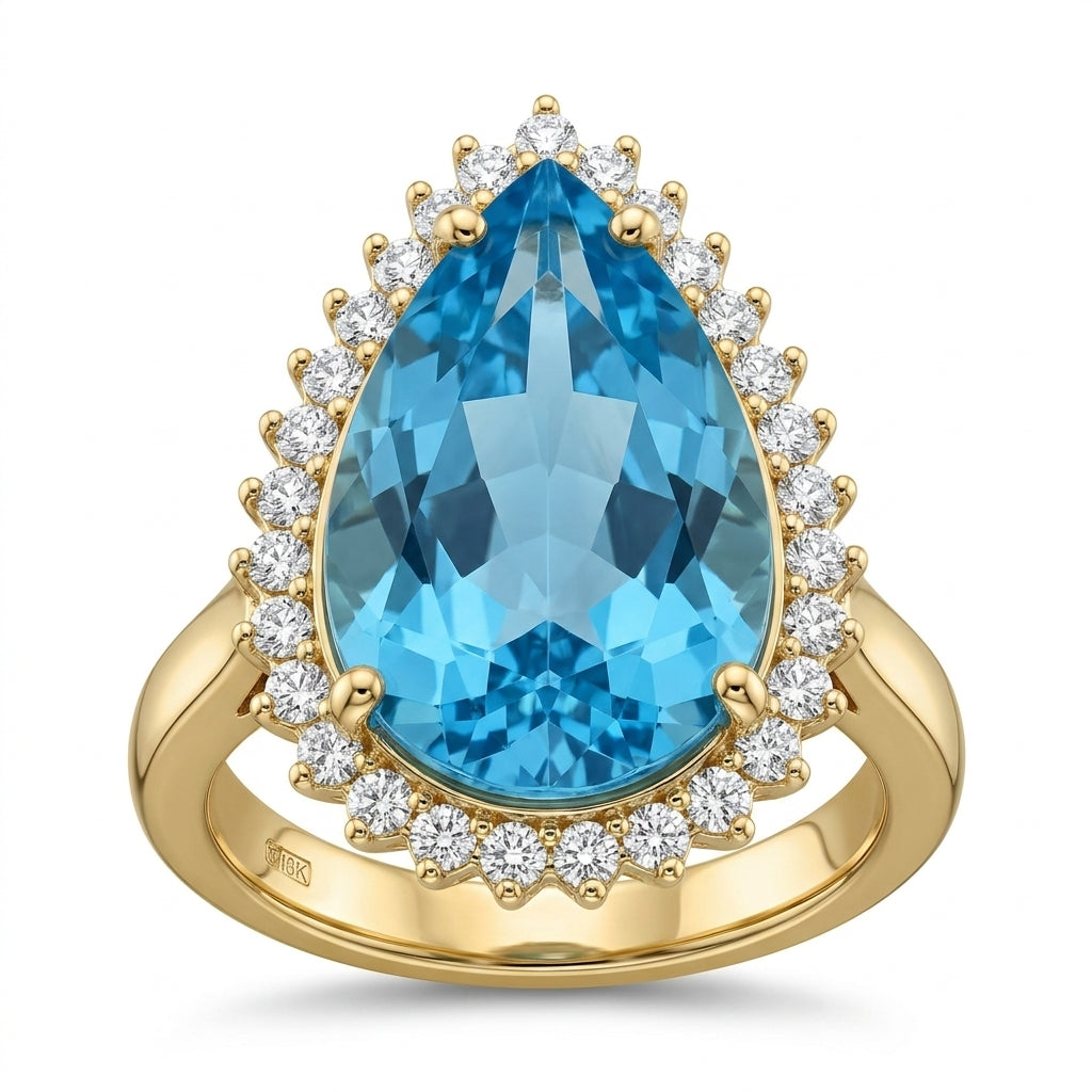 Pear Blue Topaz Diamond Halo Cocktail Ring