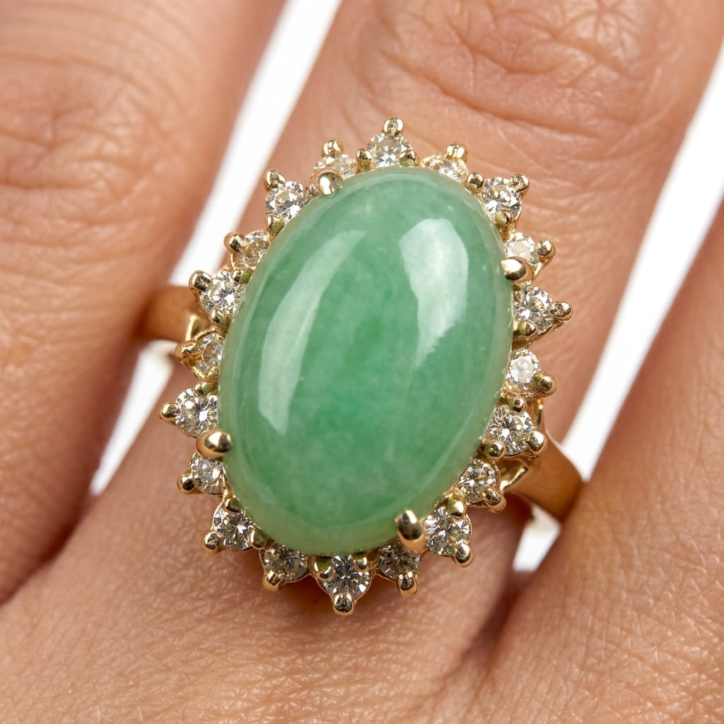 Oval Green Jade & 20-Diamond Ring