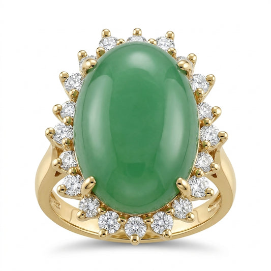 Oval Green Jade & 20-Diamond Ring
