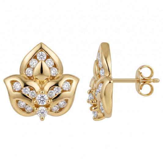 18k yellow gold seventeen-stone round diamond lotus flower post earrings, front and turned profile view showing the post and butterfly clutch, white background