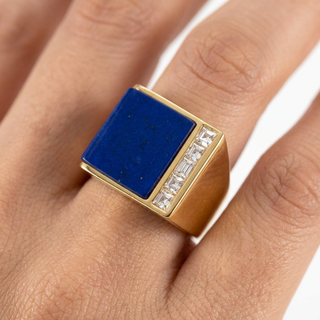 Lapis Lazuli & 5 Square Diamond Men's Ring