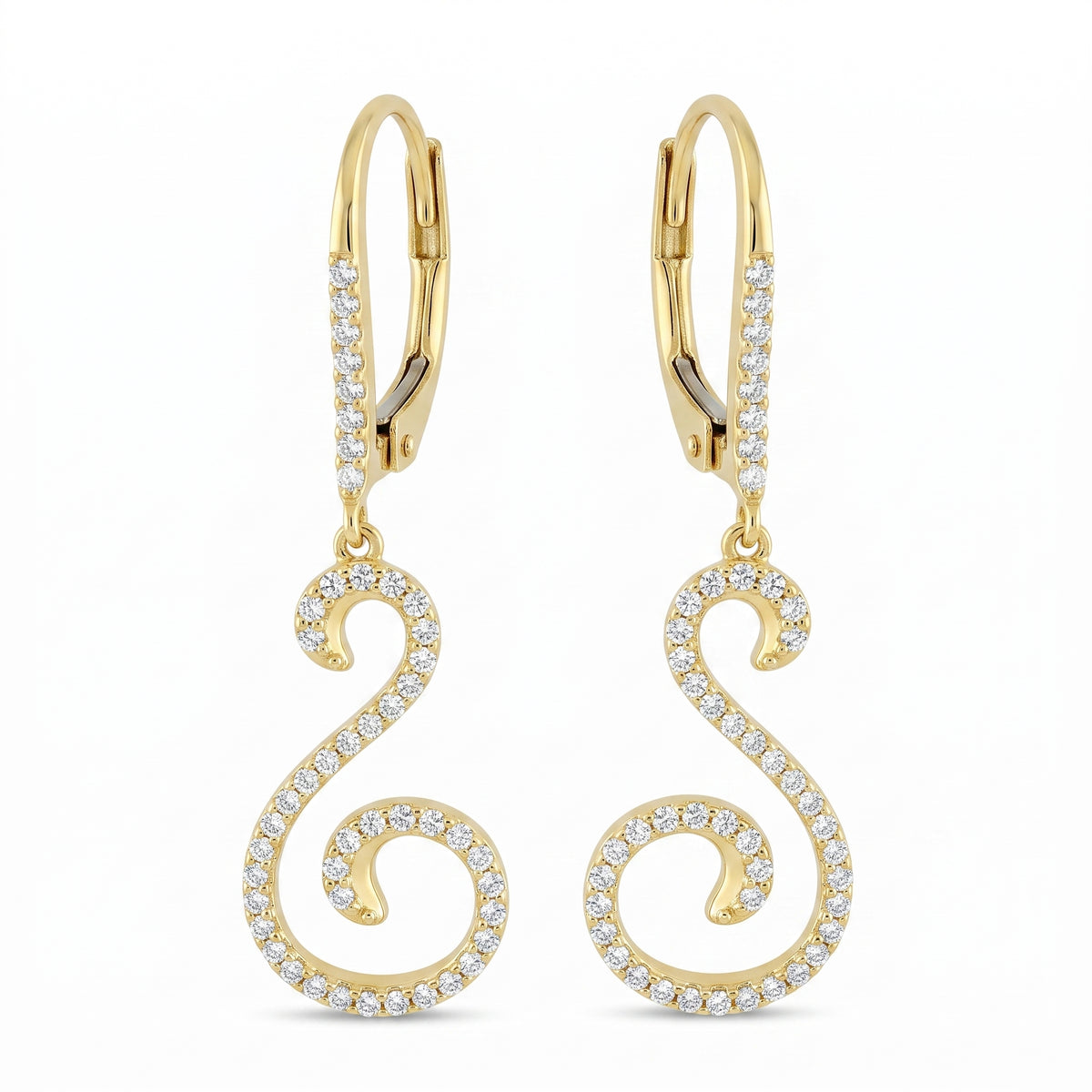 14k yellow gold S-curve dangle lever-back earrings with pave diamonds, white background