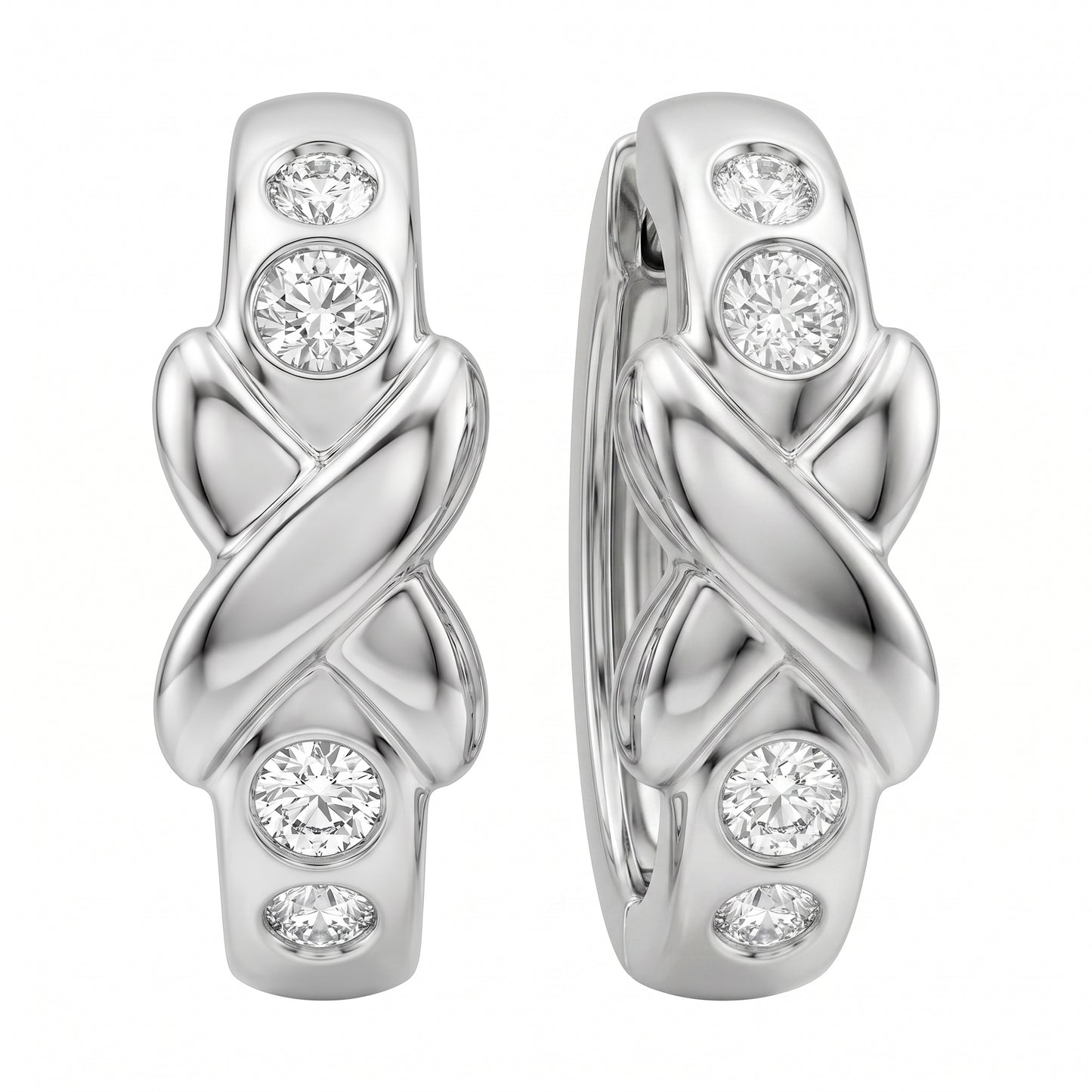 DECA0887W 14K white gold X-design hinged hoop earrings with four bezel-set round diamonds each, angled view