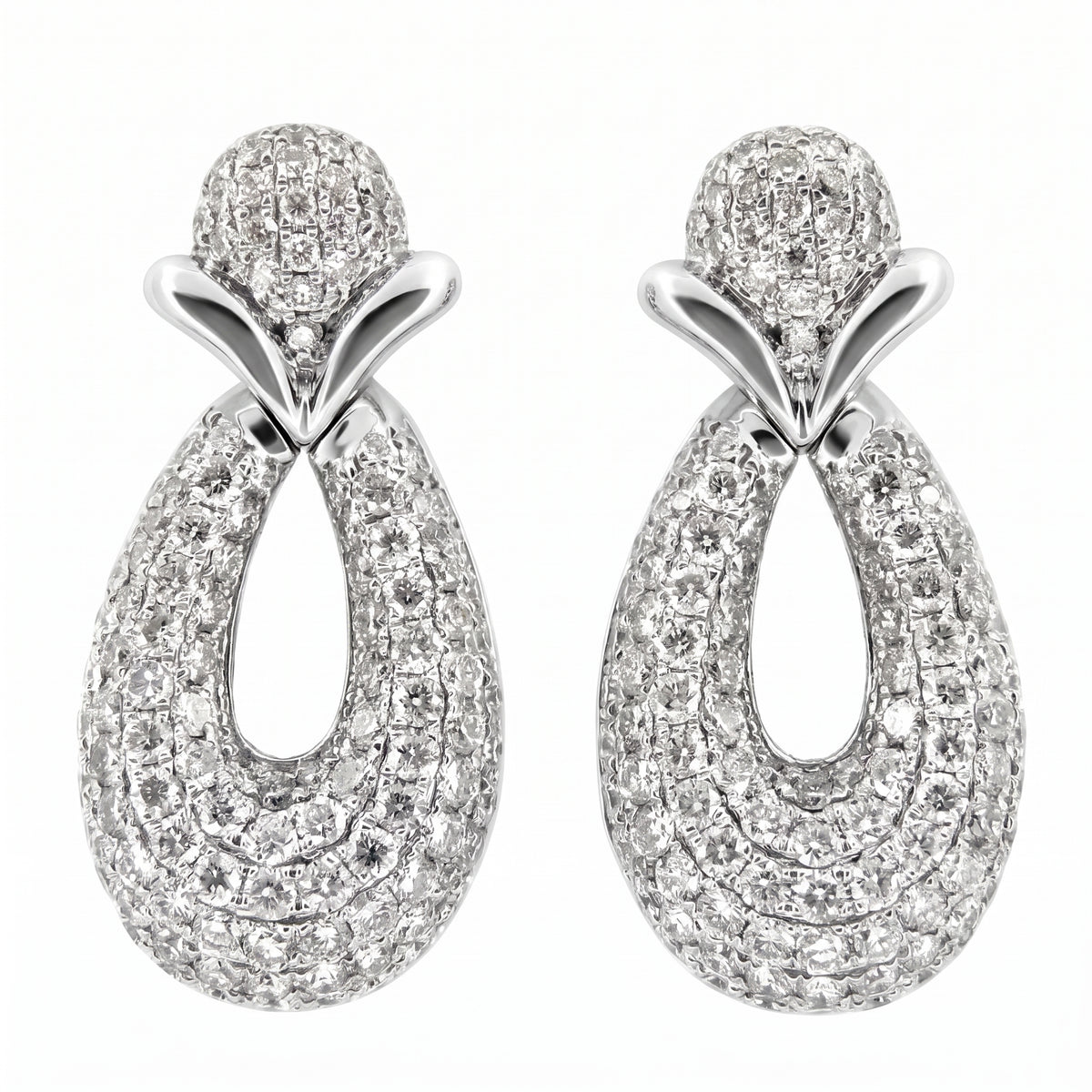DECA1326W - 18K white gold pave diamond open oval drop post earrings, front view on white background