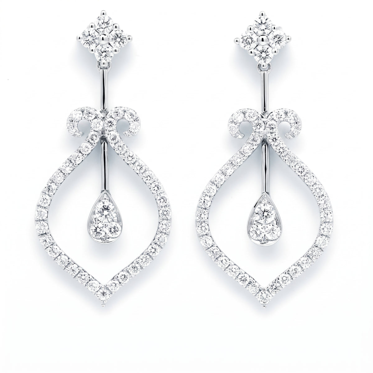 Diamond Open Teardrop Dangle Earrings in 18K white gold, front view on white background
