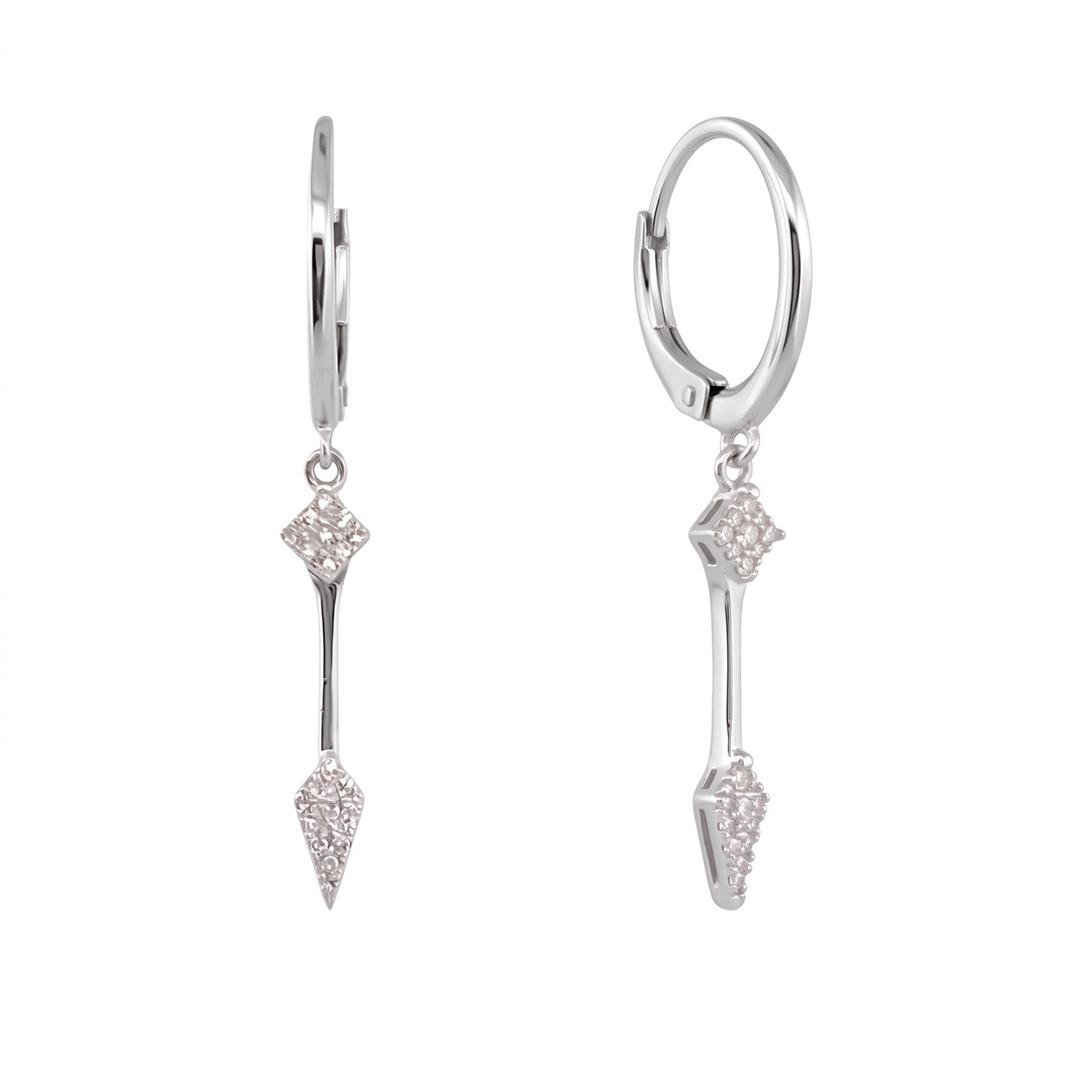 42 Single-Cut Diamond Spade Lever-Back Earrings in 14K white gold, angled three-quarter view on white background