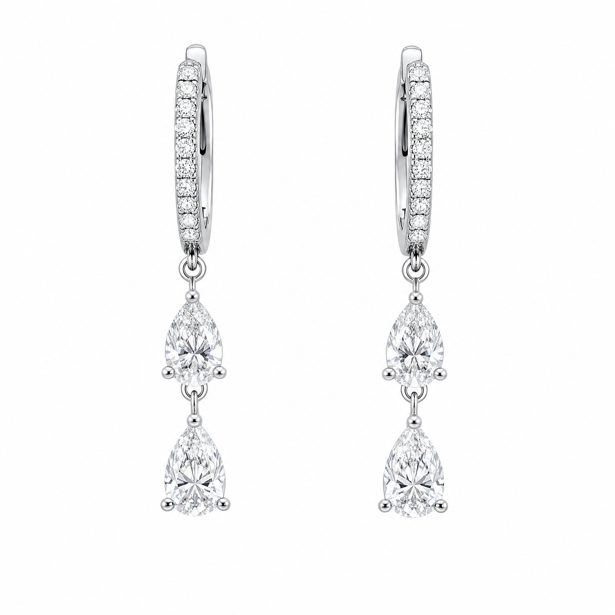DECA1599W W-1 frontal pair - pear diamond and pave huggie hoop drop earrings