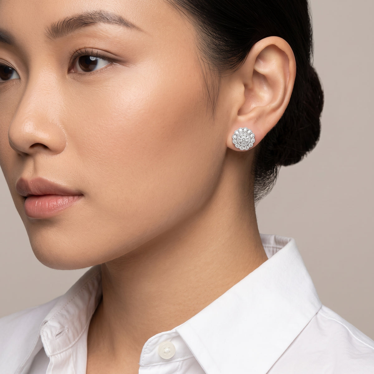 Vintage Flower Diamond Post Earrings shown worn on the ear