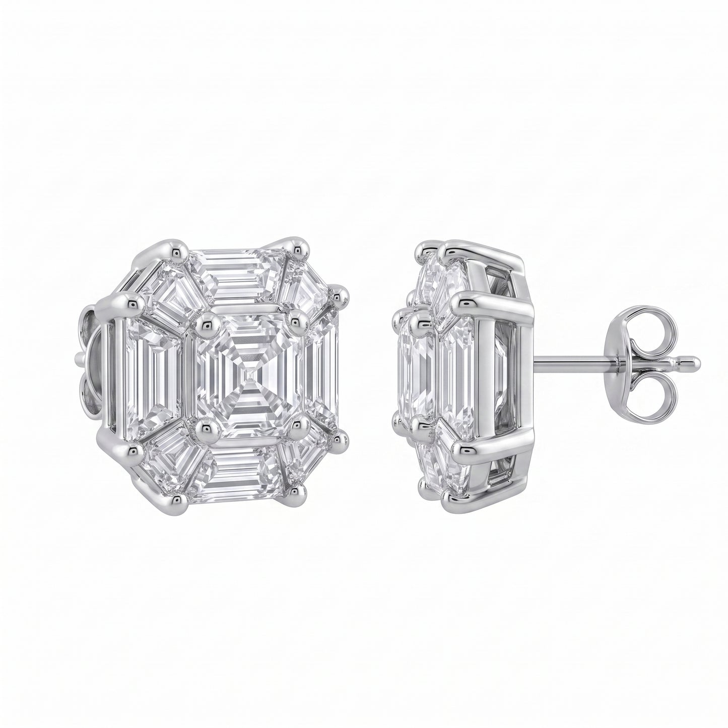 Fancy-Cut Diamond Octagon Stud Earrings - 18K white gold, angled view with post and butterfly back