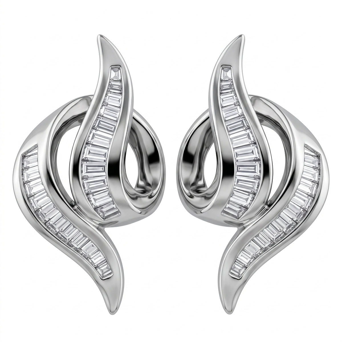 64-Diamond Swirl Channel Clip Earrings in 18K white gold - white background view