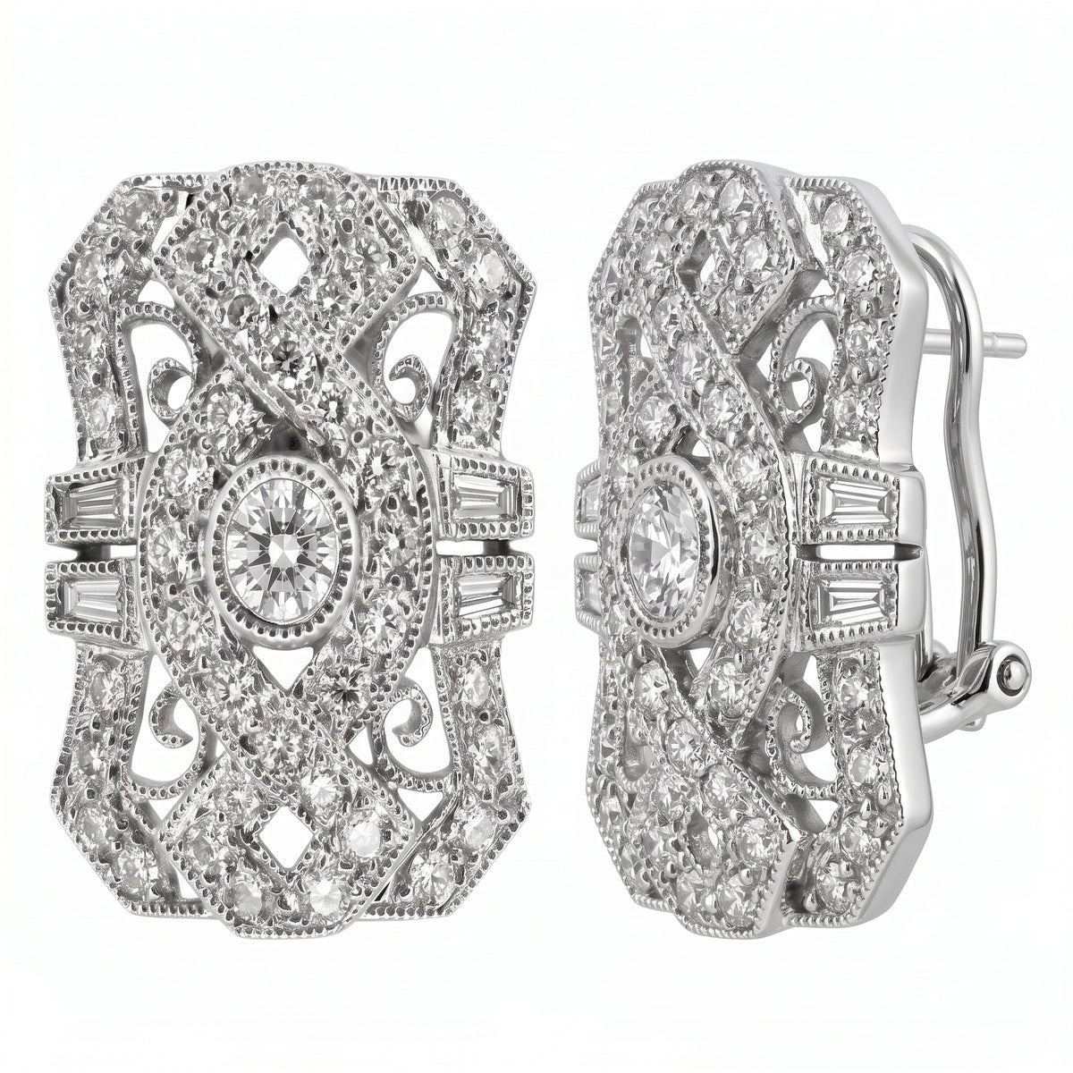 DECY0280W W-2 front and turned view showing the straight post and hinged omega clip lever - Art Deco shield filigree clip earrings with a round brilliant centre diamond, four tapered baguettes per earring and pave rounds across pierced C-scroll filigree, in 18K white gold