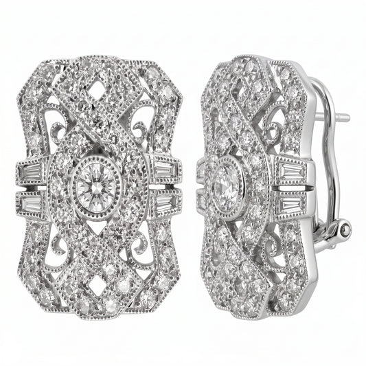 DECY0280W W-2 front and turned view showing the straight post and hinged omega clip lever - Art Deco shield filigree clip earrings with a round brilliant centre diamond, four tapered baguettes per earring and pave rounds across pierced C-scroll filigree, in 18K white gold