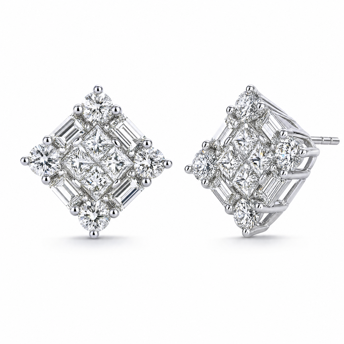 DECY0667W W-2 front and turned view showing post - invisible-set princess, baguette and round diamond square cluster stud earrings in 18K white gold