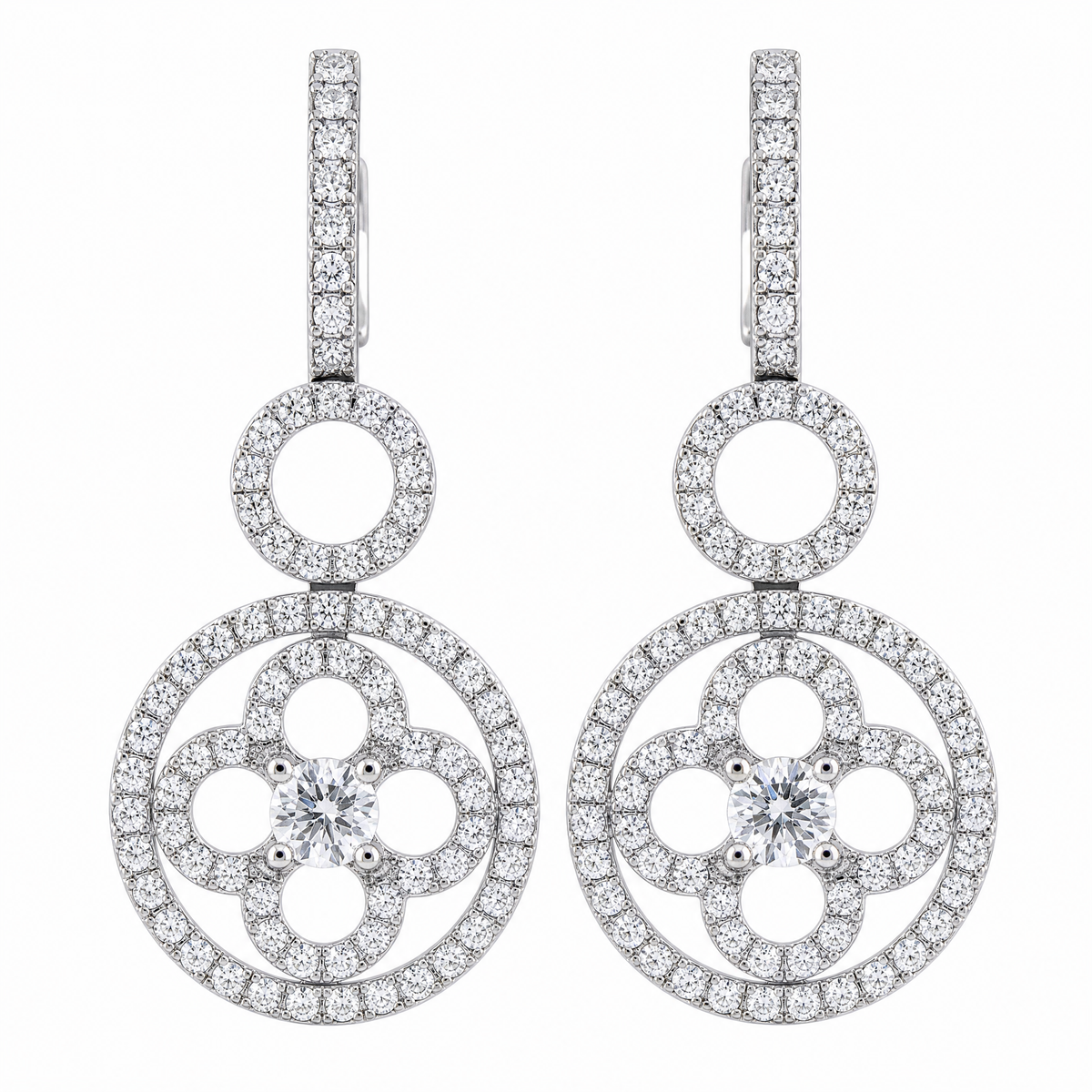 DECY1069W W-1 frontal pair - round diamond open circle and clover flower drop earrings in 18K white gold