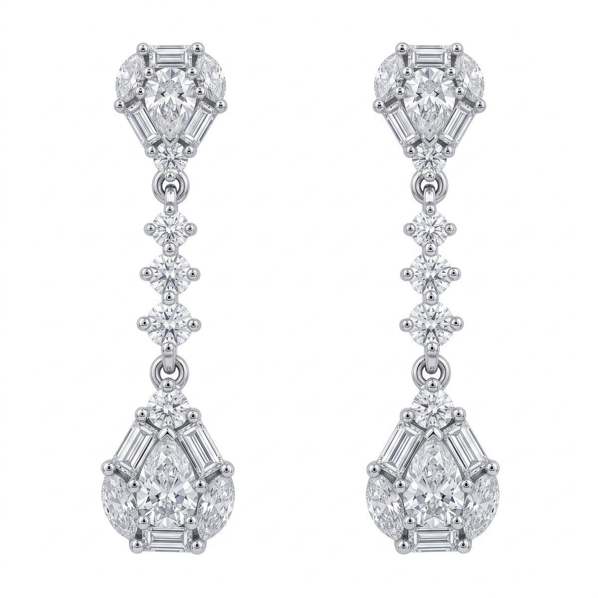 DECY1078W white background front view - tapered baguette pear and marquise diamond dangle post earrings in 18K white gold