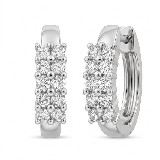 14K White Gold 20-Diamond Double-Row Huggie Earrings - three-quarter turned view