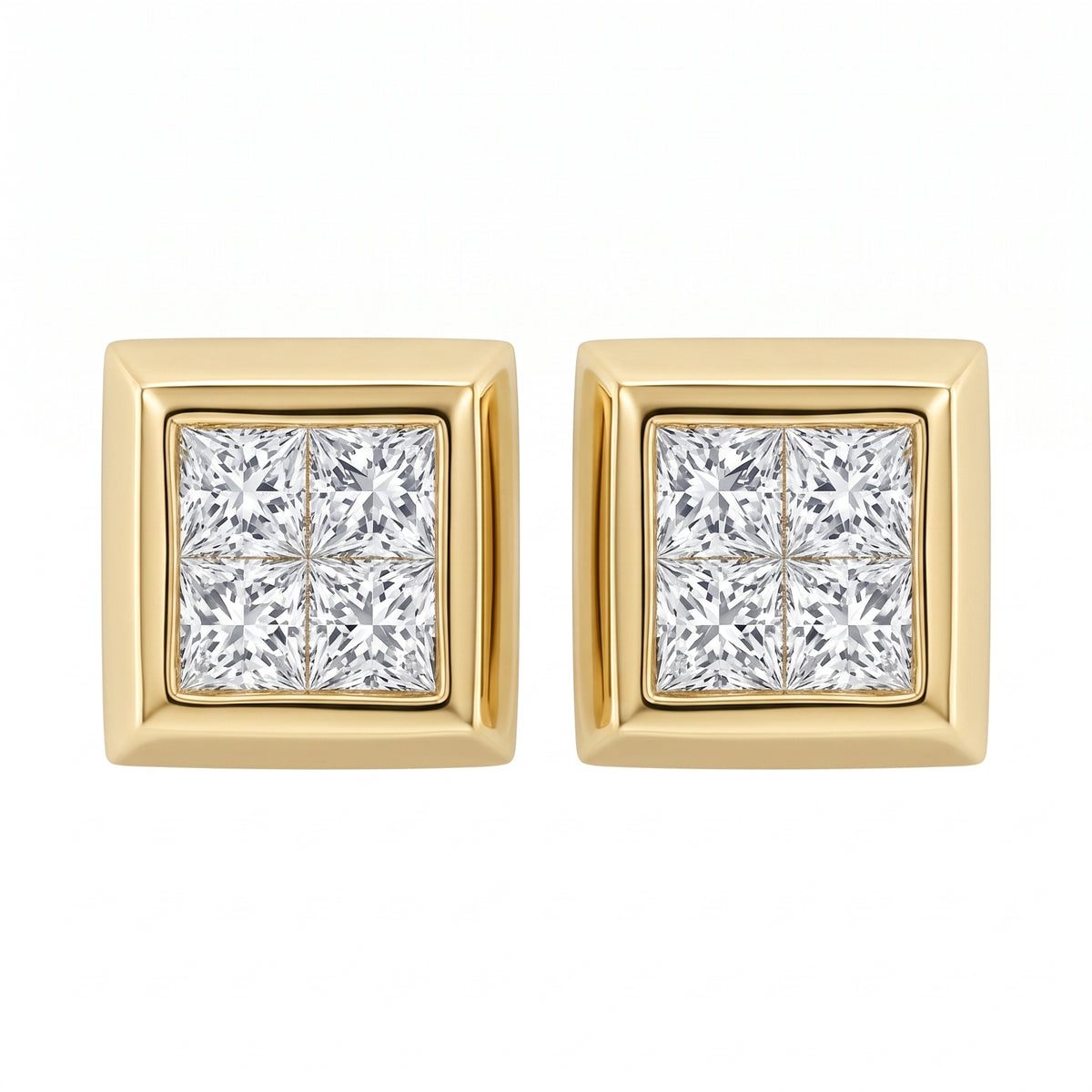 14k yellow gold eight princess-cut diamond bezel-set stud earrings, white background