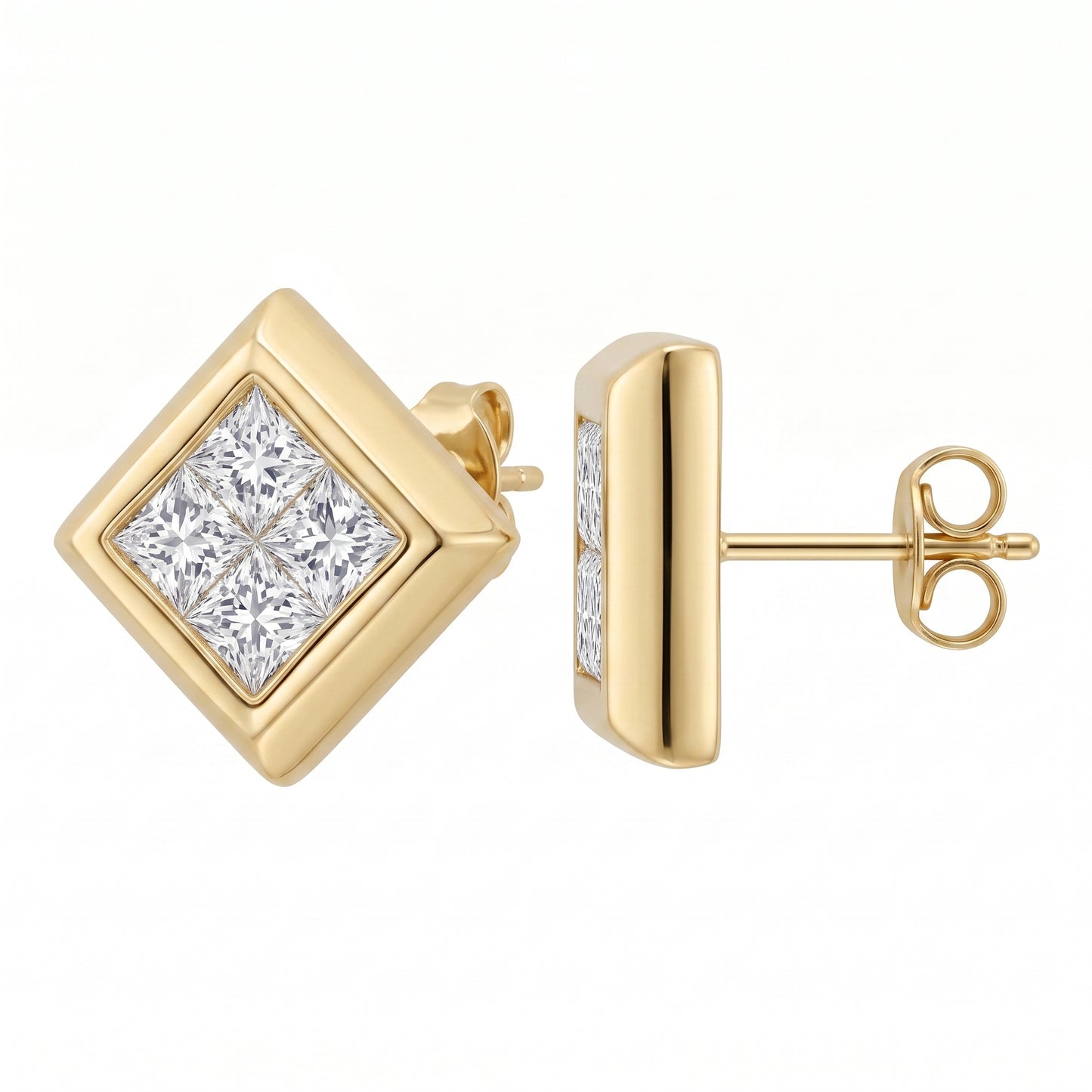 14k yellow gold eight princess-cut diamond bezel-set stud earrings, front and side view showing post and butterfly back, white background
