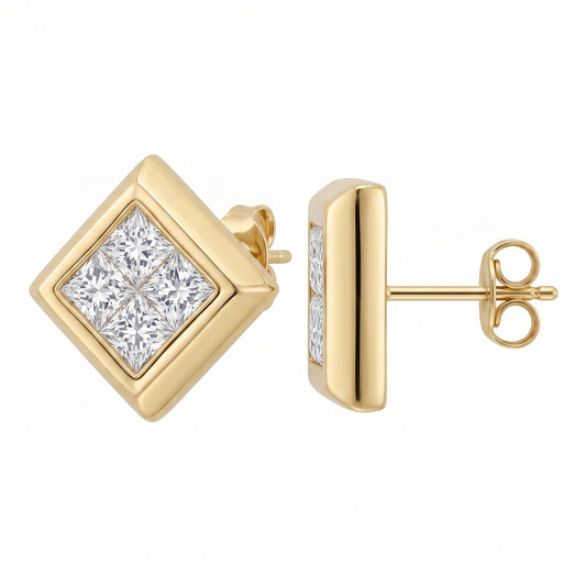 14k yellow gold eight princess-cut diamond bezel-set stud earrings, front and side view showing post and butterfly back, white background