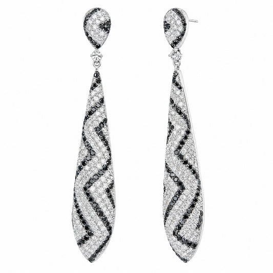 DEFT0380W-BK W-2 front and 45 degree white and black diamond chevron long drop earrings with post
