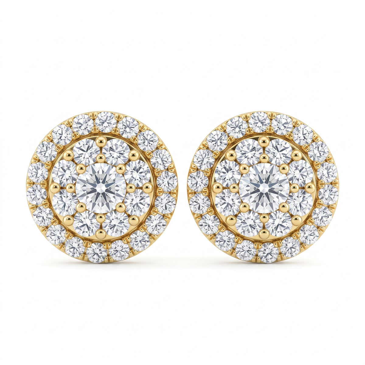 54-Diamond Double-Halo Stud Earrings in 14K yellow gold, white background