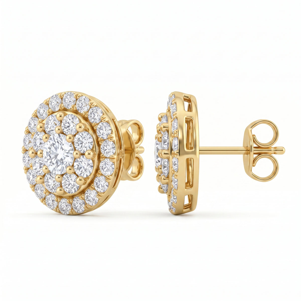 54-Diamond Double-Halo Stud Earrings in 14K yellow gold, side and three-quarter view showing post and butterfly back