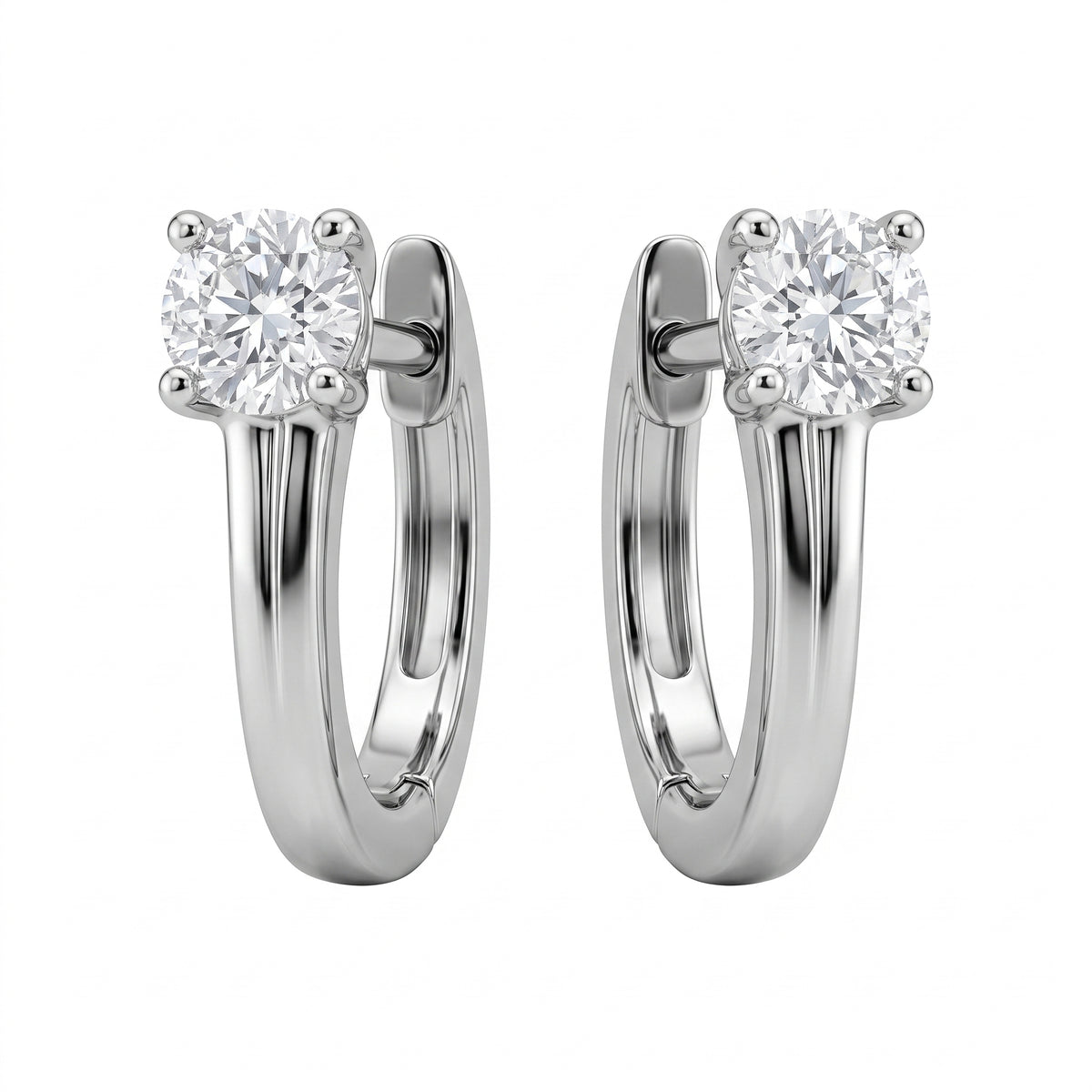 2-Diamond Plain Gold Huggie Hoop Earrings - white background studio view