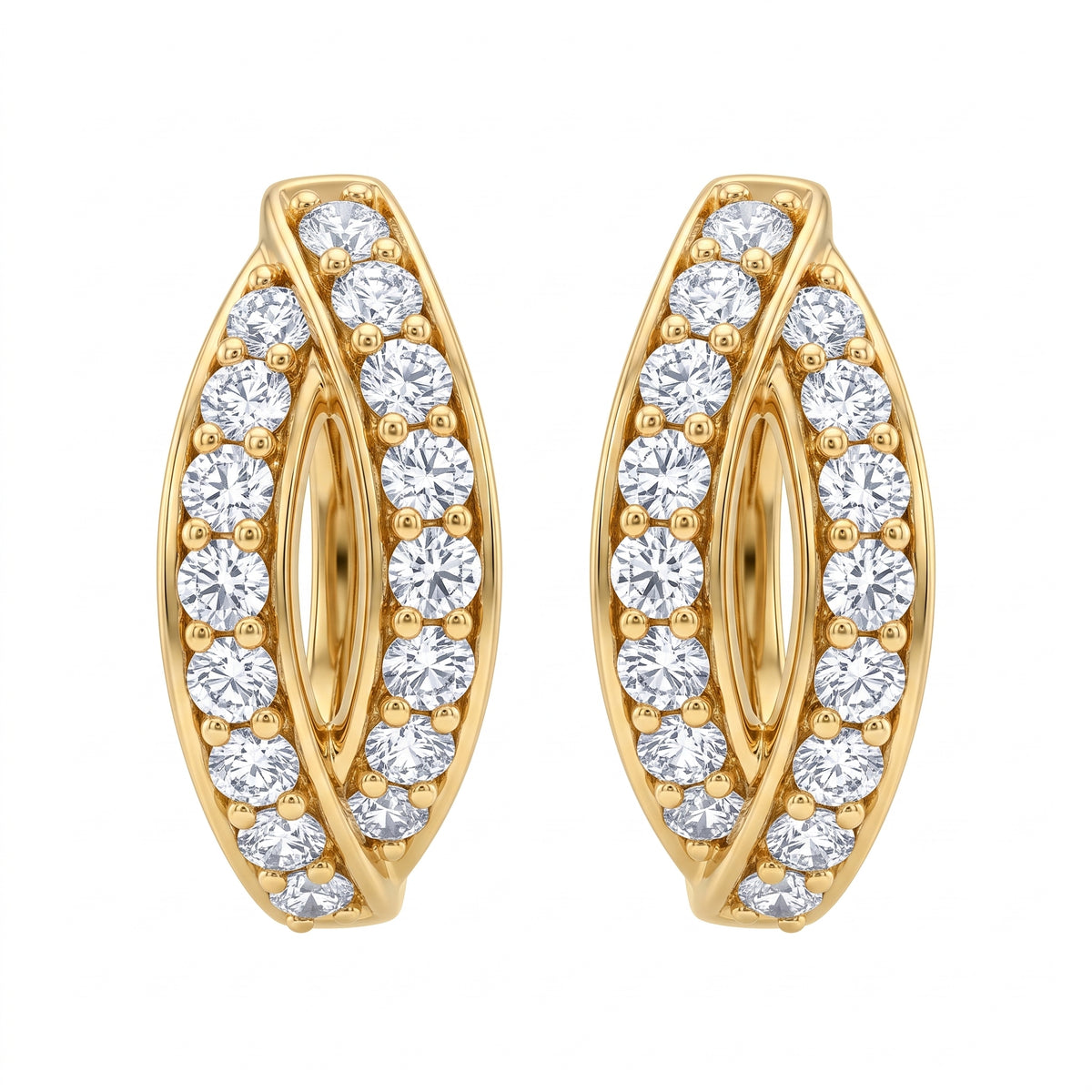 DEGS1007 18K yellow gold diamond marquise hoop earrings, front view