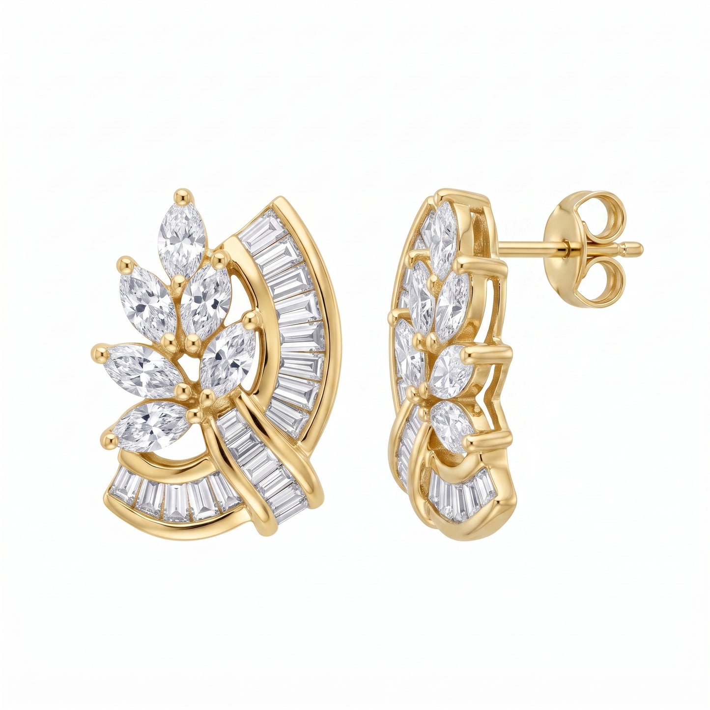 Marquise & Tapered Diamond Stud Earrings in 18K yellow gold - second white background view