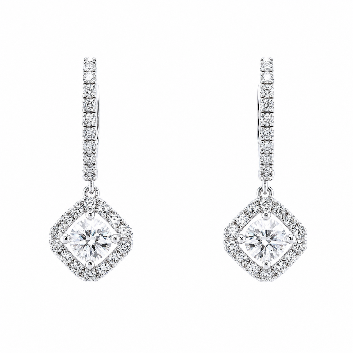 DEJ0139W W-1 frontal pair - diamond-shaped halo drop huggie earrings with round brilliant centres in 18K white gold